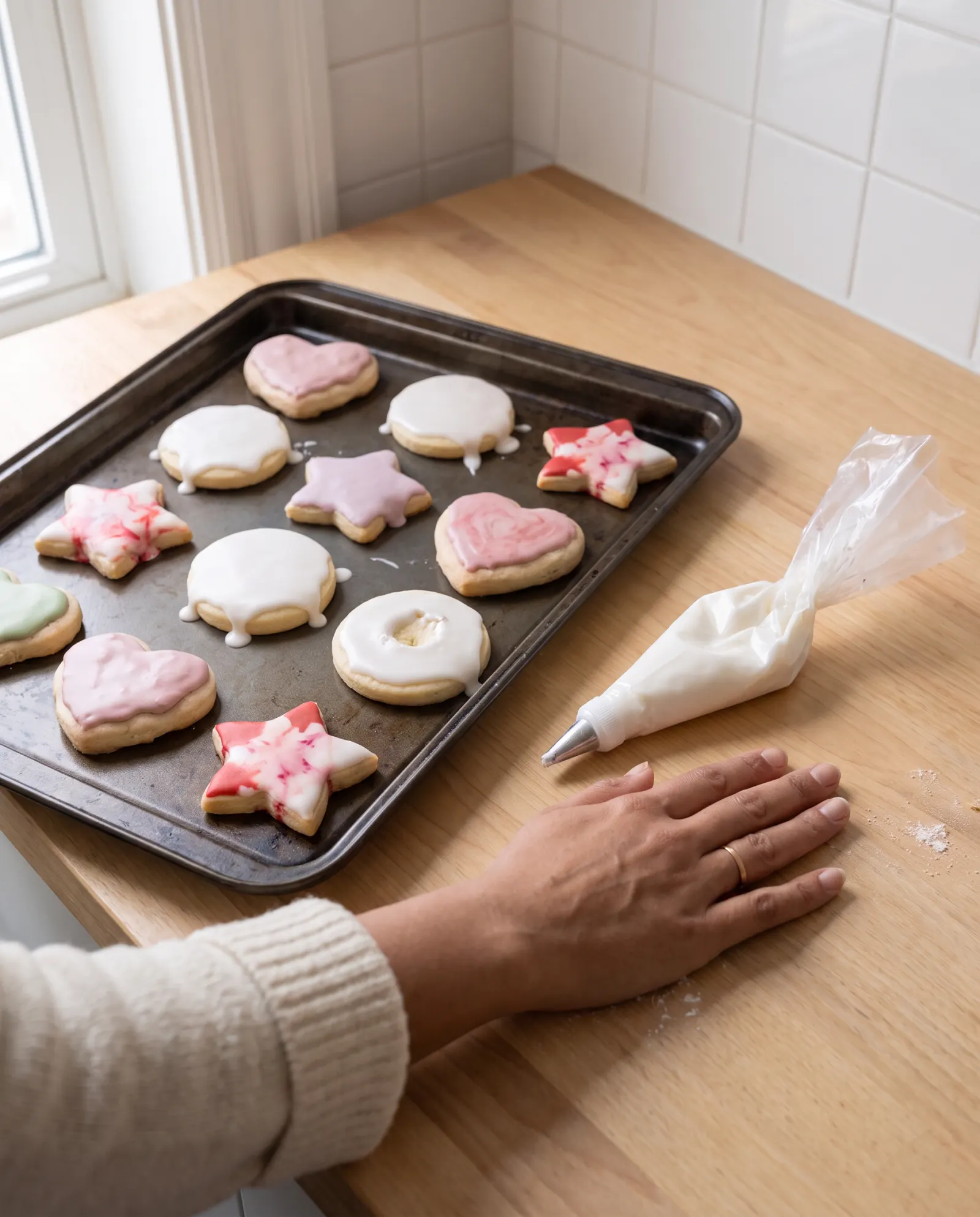 Una charola de galletas caseras, infladas y con el glasé escurrido