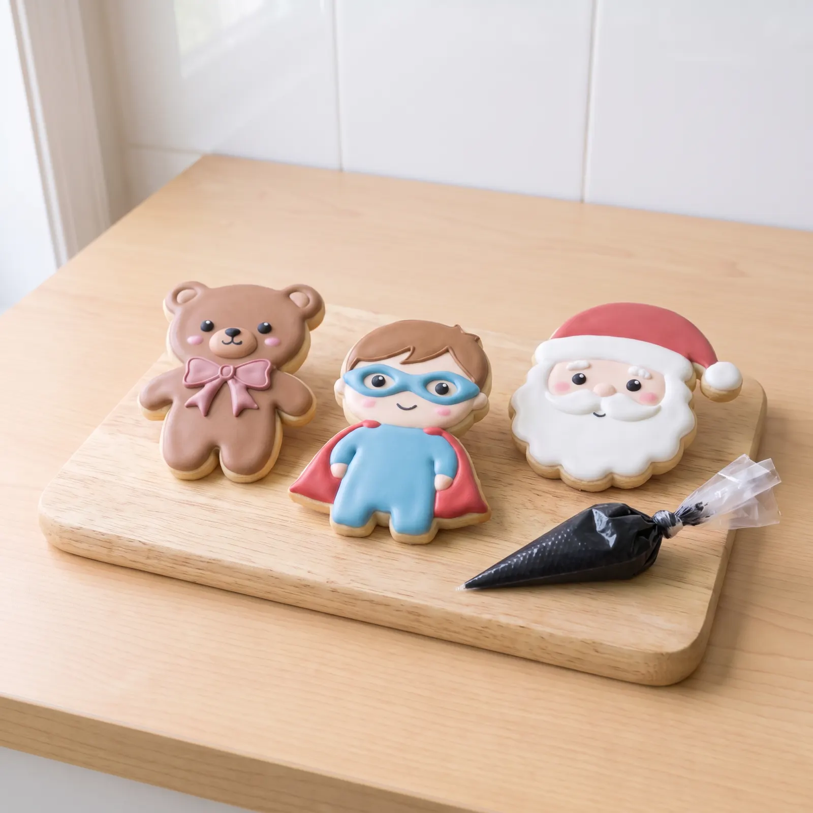 Personajes con formas básicas: un osito, un superhéroe sin logo y Santa Claus